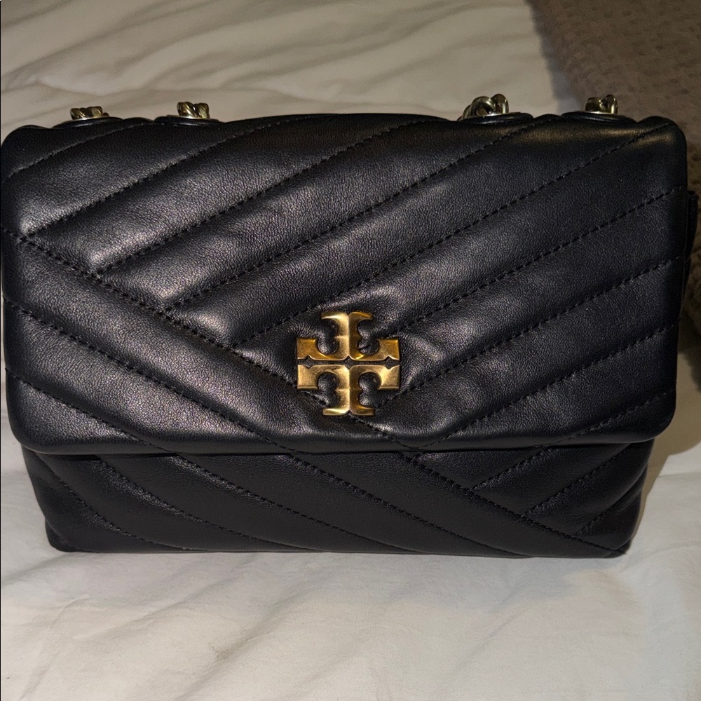 Tory Burch Black Quilted Chevron Shoulder Bag with Gold Logo